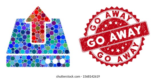 Mosaic upload and corroded stamp seal with Go Away phrase. Mosaic vector is formed with upload icon and with scattered circle items. Go Away stamp seal uses red color, and grunge texture.
