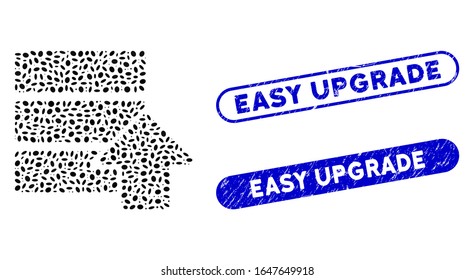 Mosaic upload database and grunge stamp seals with Easy Upgrade text. Mosaic vector upload database is composed with random elliptic parts. Easy Upgrade seals use blue color,