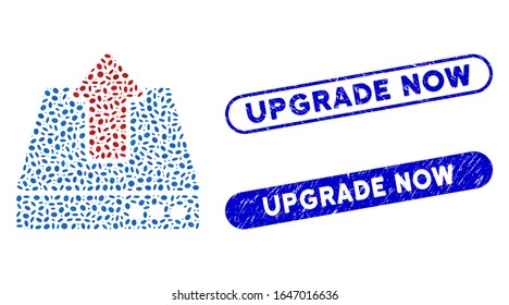 Mosaic upload and distressed stamp seals with Upgrade Now caption. Mosaic vector upload is designed with scattered elliptic pieces. Upgrade Now stamp seals use blue color,