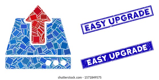 Mosaic upload pictogram and rectangular Easy Upgrade seals. Flat vector upload mosaic pictogram of random rotated rectangular items. Blue Easy Upgrade seals with distress surface.