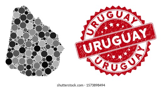 Mosaic Uruguay map and circle seal stamp. Flat vector Uruguay map mosaic of random circle items. Red rubber seal with grunged style. Designed for political and patriotic promotion.