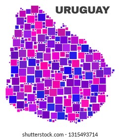 Mosaic Uruguay map isolated on a white background. Vector geographic abstraction in pink and violet colors. Mosaic of Uruguay map combined of random square elements.