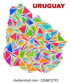 Mosaic Uruguay map of triangles in bright colors isolated on a white background. Triangular collage in shape of Uruguay map. Abstract design for patriotic illustrations.