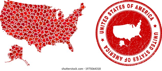 Mosaic USA with Alaska map designed with red love hearts, and dirty seal stamp. Vector lovely round red rubber seal imprint with USA with Alaska map inside.