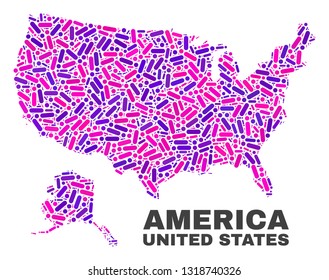 Mosaic USA with Alaska map isolated on a white background. Vector geographic abstraction in pink and violet colors. Mosaic of USA with Alaska map combined of random circle points and lines.
