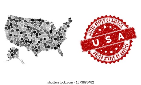 Mosaic USA with Alaska map and round seal stamp. Flat vector USA with Alaska map mosaic of randomized round items. Red seal with scratched surface. Designed for political and patriotic collages.
