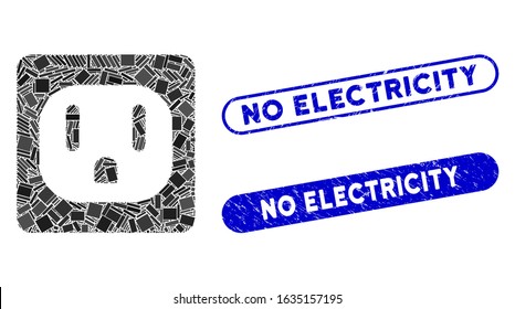 Mosaic USA electric socket and corroded stamp seals with No Electricity phrase. Mosaic vector USA electric socket is designed with randomized rectangle items. No Electricity seals use blue color,
