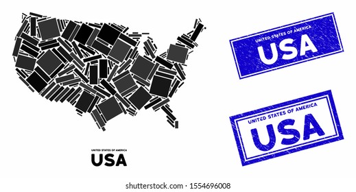 Mosaic USA map and rectangular watermarks. Flat vector USA map mosaic of randomized rotated rectangular elements. Blue caption watermarks with rubber surface.