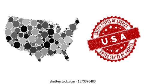 Mosaic USA map and round stamp. Flat vector USA map mosaic of random round elements. Red rubber stamp with distress surface. Designed for political and patriotic projects.