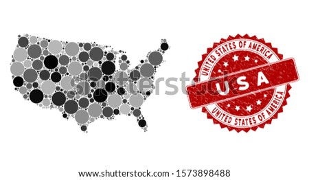 Mosaic USA map and round stamp. Flat vector USA map mosaic of random round elements. Red rubber stamp with distress surface. Designed for political and patriotic projects.