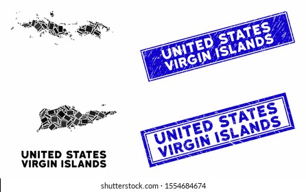 Mosaic USA Virgin Islands map and rectangular seals. Flat vector USA Virgin Islands map mosaic of scattered rotated rectangular elements. Blue caption seals with grunge textures.