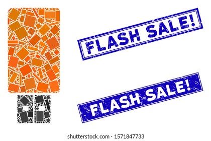 Mosaic USB flash drive icon and rectangular Flash Sale! seal stamps. Flat vector USB flash drive mosaic icon of random rotated rectangular elements. Blue Flash Sale! seal stamps with rubber textures.