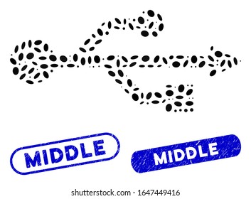 Mosaic USB symbol and rubber stamp seals with Middle phrase. Mosaic vector USB symbol is composed with scattered ellipse elements. Middle seals use blue color, and have round rectangle shape.
