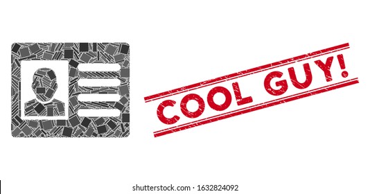 Mosaic user account pictogram and red Cool Guy! seal stamp between double parallel lines. Flat vector user account mosaic pictogram of random rotated rectangular elements.
