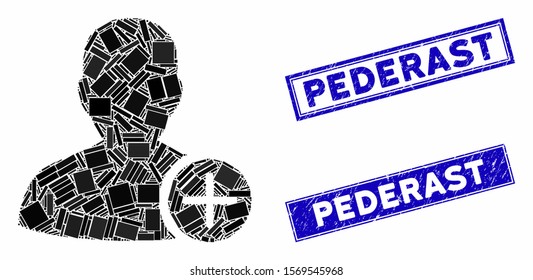 Mosaic user add pictogram and rectangular rubber prints. Flat vector user add mosaic pictogram of scattered rotated rectangular items. Blue caption rubber stamps with scratched surface.