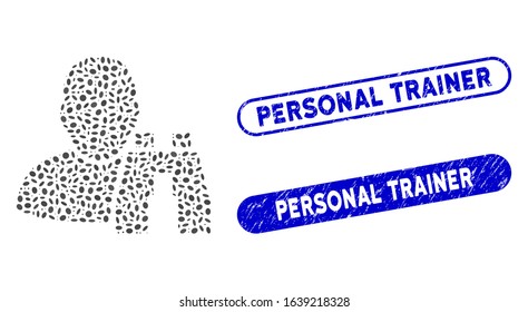 Mosaic user binoculars search tool and rubber stamp seals with Personal Trainer phrase. Mosaic vector user binoculars search tool is formed with random elliptic dots.
