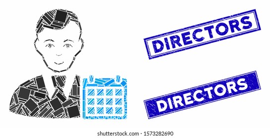 Mosaic user calendar pictogram and rectangle Directors stamps. Flat vector user calendar mosaic pictogram of randomized rotated rectangle items. Blue Directors seal stamps with rubber surface.