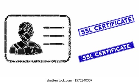 Mosaic user card pictogram and rectangle SSL Certificate seal stamps. Flat vector user card mosaic pictogram of randomized rotated rectangle elements.