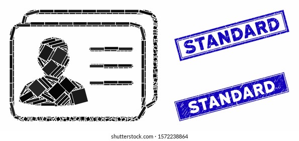 Mosaic user cards icon and rectangular Standard seals. Flat vector user cards mosaic icon of scattered rotated rectangle items. Blue Standard rubber seals with rubber texture.