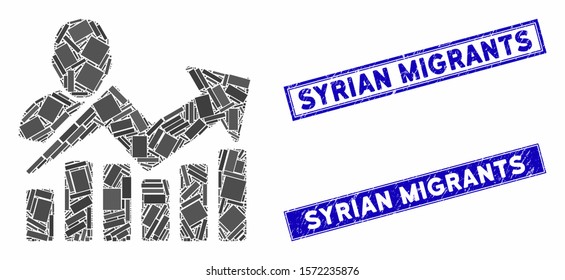 Mosaic user chart icon and rectangle Syrian Migrants seals. Flat vector user chart mosaic icon of scattered rotated rectangle items. Blue Syrian Migrants seals with grunged texture.