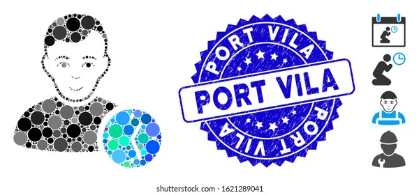 Mosaic user clock icon and grunge stamp seal with Port Vila phrase. Mosaic vector is composed with user clock icon and with random spheric elements. Port Vila stamp uses blue color,