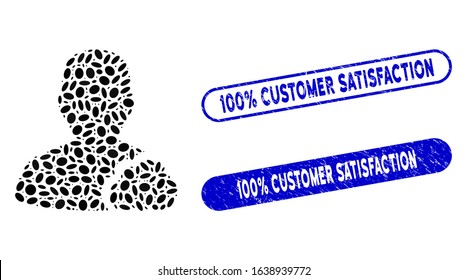 Mosaic user cloud and distressed stamp seals with 100% Customer Satisfaction text. Mosaic vector user cloud is formed with randomized oval spots. 100% Customer Satisfaction seals use blue color,