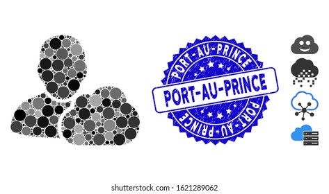 Mosaic user cloud icon and rubber stamp watermark with Port-Au-Prince caption. Mosaic vector is designed with user cloud icon and with random round items. Port-Au-Prince stamp uses blue color,