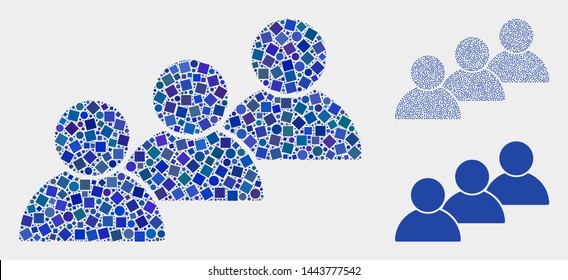 Mosaic User cohort icon united from spheric and square elements in various sizes, positions and proportions. Vector spheric and square elements are united into abstract shape user cohort icons.