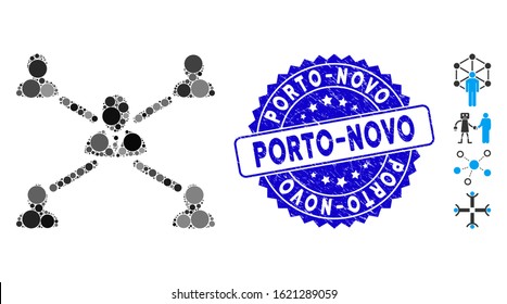 Mosaic user connections icon and rubber stamp watermark with Porto-Novo caption. Mosaic vector is designed with user connections icon and with randomized spheric items.