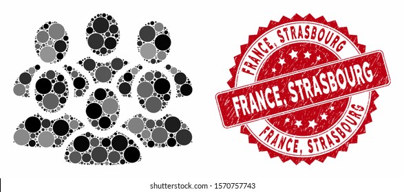 Mosaic user crowd and grunge stamp watermark with France, Strasbourg caption. Mosaic vector is designed with user crowd icon and with scattered round items. France,