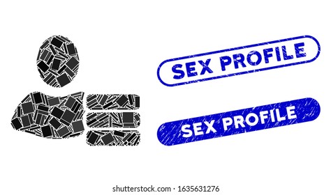 Mosaic user database and distressed stamp watermarks with Sex Profile phrase. Mosaic vector user database is formed with randomized rectangle items. Sex Profile stamp seals use blue color,