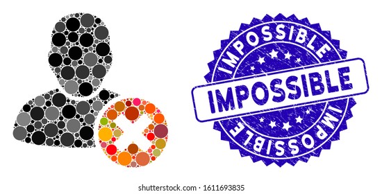 Mosaic user delete icon and grunge stamp watermark with Impossible phrase. Mosaic vector is created with user delete icon and with scattered spheric items. Impossible stamp uses blue color,