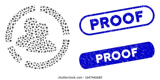 Diagrama de usuario mosaico y sellos de goma con leyenda de prueba. El diagrama de usuario de vectores mosaicos está compuesto por elementos ovales dispersos. Los sellos de sello de prueba utilizan color azul y tienen forma rectangular redonda.