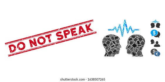 Mosaic user dialog signal pictogram and red Do Not Speak seal stamp between double parallel lines. Flat vector user dialog signal mosaic pictogram of scattered rotated rectangle items.