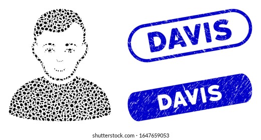 Usuario Mosaico y sellos de sellos angustiados con frase Davis. El usuario del vector mosaico está compuesto por elementos elípticos dispersos. Los sellos de sello Davis tienen color azul y forma rectangular redonda.