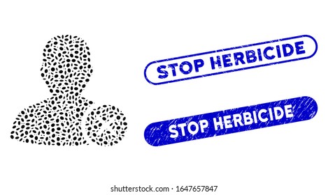 Mosaic user erase and distressed stamp seals with Stop Herbicide caption. Mosaic vector user erase is composed with random ellipse elements. Stop Herbicide stamp seals use blue color,