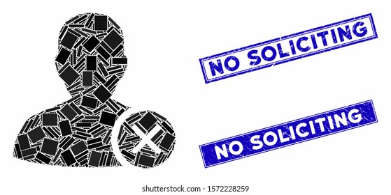 Mosaic user erase icon and rectangle No Soliciting seal stamps. Flat vector user erase mosaic icon of random rotated rectangle items. Blue No Soliciting rubber stamps with scratched texture.