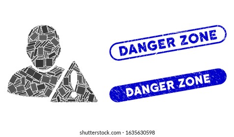 Mosaic user error and distressed stamp watermarks with Danger Zone text. Mosaic vector user error is created with randomized rectangle items. Danger Zone stamp seals use blue color,