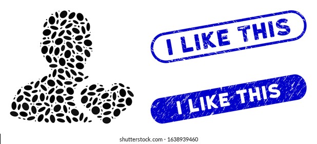 Mosaic user favourites and corroded stamp watermarks with I Like This caption. Mosaic vector user favourites is formed with scattered ellipse parts. I Like This stamp seals use blue color,