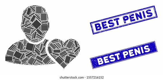 Mosaic user favourites heart icon and rectangular seals. Flat vector user favourites heart mosaic icon of random rotated rectangular items. Blue caption rubber seals with rubber surface.