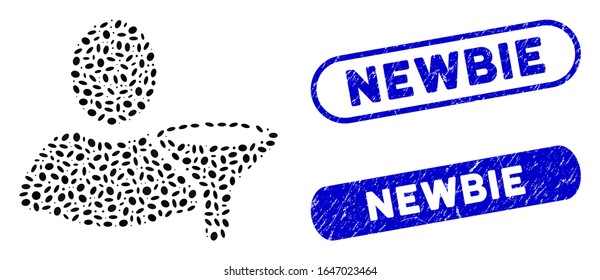 Mosaic user filter and distressed stamp seals with Newbie text. Mosaic vector user filter is created with random oval parts. Newbie stamp seals use blue color, and have round rectangle shape.