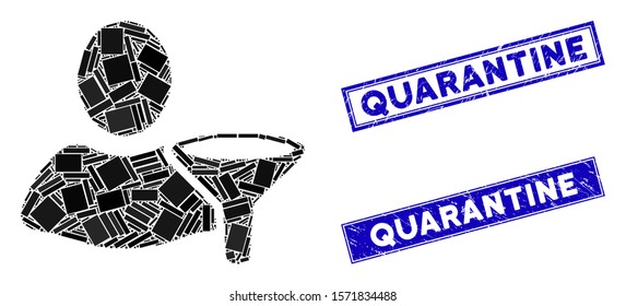 Mosaic user filter pictogram and rectangle Quarantine seals. Flat vector user filter mosaic pictogram of random rotated rectangular elements. Blue Quarantine rubber seals with grunge surface.