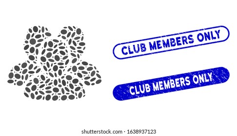 Mosaic user group and corroded stamp seals with Club Members Only caption. Mosaic vector user group is formed with randomized elliptic pieces. Club Members Only stamp seals use blue color,