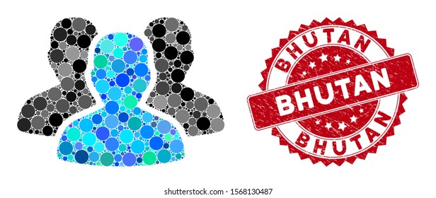 Mosaic user group and distressed stamp seal with Bhutan caption. Mosaic vector is created with user group icon and with scattered round spots. Bhutan stamp uses red color, and dirty design.