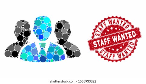 Mosaic user group and grunge stamp seal with Staff Wanted phrase. Mosaic vector is formed with user group icon and with randomized spheric elements. Staff Wanted stamp seal uses red color,