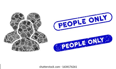 Mosaic user group and grunge stamp seals with People Only text. Mosaic vector user group is designed with randomized rectangles. People Only stamp seals use blue color, and have round rectangle shape.