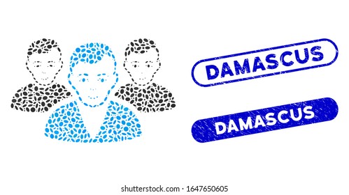 Mosaic user group and grunge stamp seals with Damascus text. Mosaic vector user group is composed with randomized elliptic elements. Damascus stamp seals use blue color,