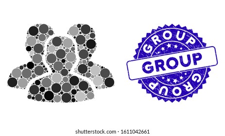 Mosaic user group icon and grunge stamp seal with Group caption. Mosaic vector is designed with user group pictogram and with scattered circle spots. Group stamp seal uses blue color,