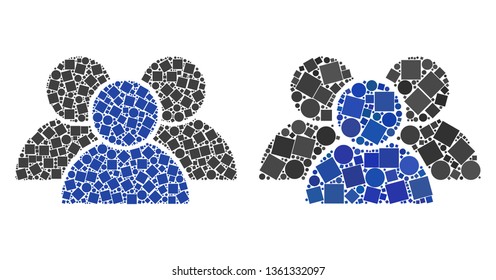 Mosaic User group icons composed of round and square items in variable sizes, positions and proportions. Vector round and square elements are composed into abstract mosaic user group icons.