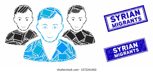 Mosaic user group pictogram and rectangular Syrian Migrants rubber prints. Flat vector user group mosaic pictogram of randomized rotated rectangular items.